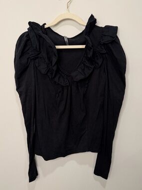 By Anthropologie Black Ruffle Puff Sleeve Long Sleeve Top Size XS
